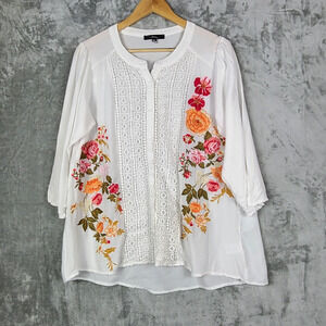 Andree By Unit Floral Embroidered Crochet 3/4 Sleeve Button Up Top Boho Size M